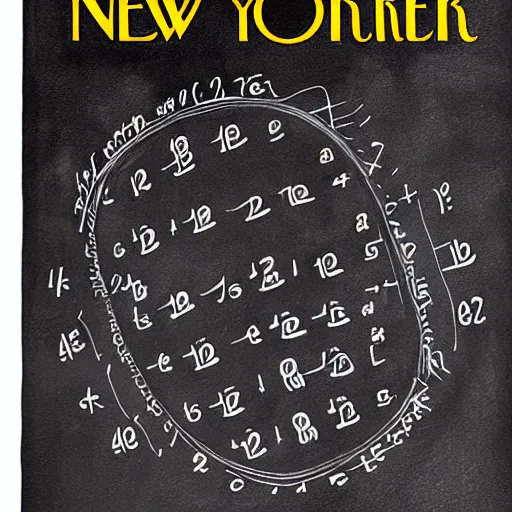 Image similar to new yorker cover showing a physicist drawing mathematical figures on a chalk board while drinking a coffee cup