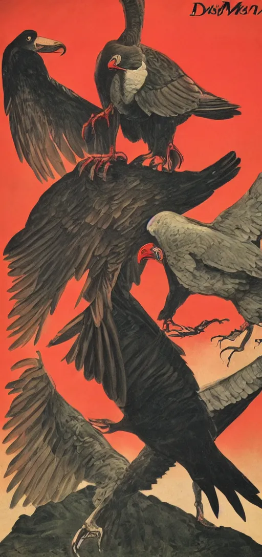 Image similar to mistery man in hood and red eyes with a dager, and a vulture, 1940s propaganda poster, full hd,highly detailed