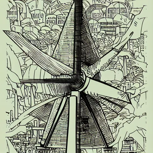 Image similar to Simplistic comic illustration of a wind turbine blueprint, black ball pen on white paper, by Josan Gonzalez and Geof Darrow