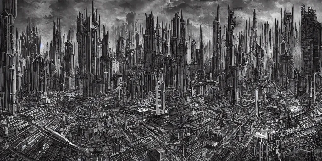 Prompt: a cityscape of a civilization millennia more advanced than our own with raypunk gothic aesthetics, brutalist architecture and an endless sprawl of streets as far as human eyes can see, giger influences, crystalline accent, sharp contrasting coloration