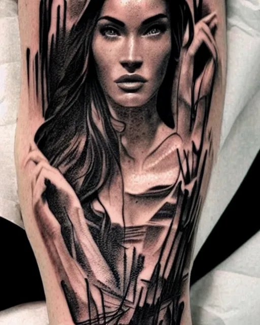 Image similar to creative double exposure effect tattoo design sketch of megan fox faded in beautiful mountain scenery, realism tattoo, in the style of matteo pasqualin, amazing detail, sharp