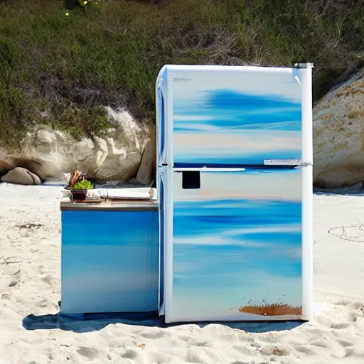 Prompt: refrigerator on the beach