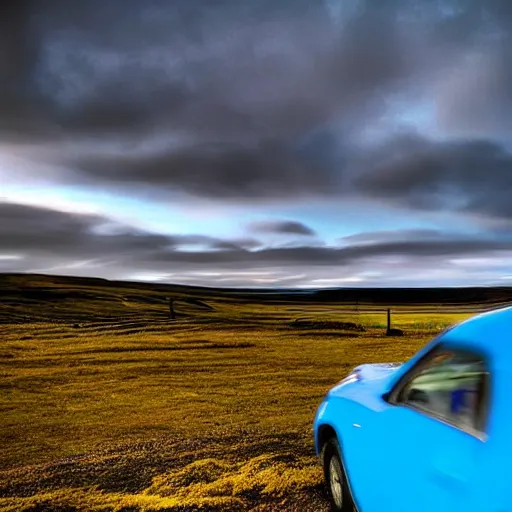 Prompt: a wide angle HDR photograph of a blue car in a field in Iceland, shot from low angle