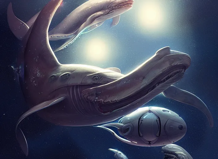 Prompt: highly detailed illustration of space whales, artstation, cinematic lighting, hyperdetailed, cgsociety, 8k, high resolution, Charlie Bowater, Tom Bagshaw, Norman Rockwell, insanely detailed and intricate