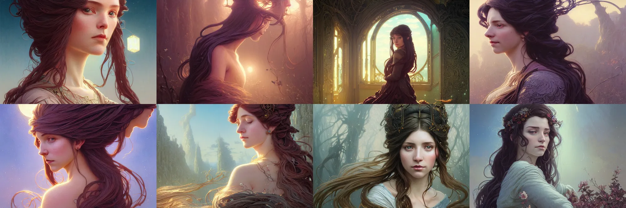 Image similar to highly detailed portrait of a woman with long hairs, stephen bliss, unreal engine, fantasy art by greg rutkowski, art nouveau, loish, rhads, ferdinand knab, makoto shinkai and lois van baarle, ilya kuvshinov, rossdraws, tom bagshaw, alphonse mucha, global illumination, radiant light, detailed and intricate environment