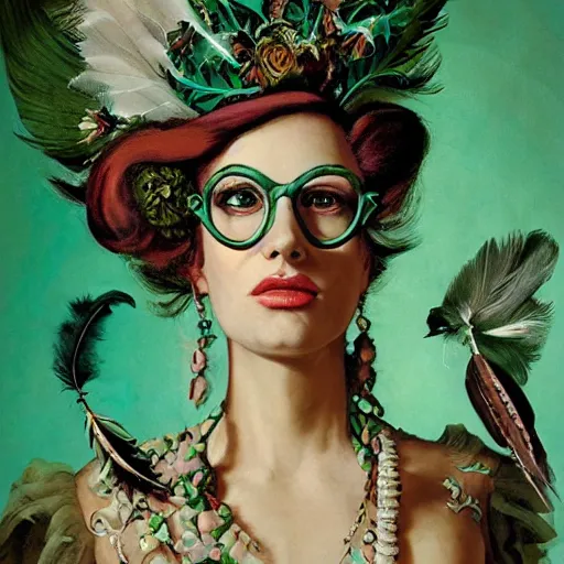 Prompt: a portrait of a baroque steampunk gorgeous green haired queen of birds with a tattered dress and glasses, with feather decoration and floral growths, epic details by alex ross