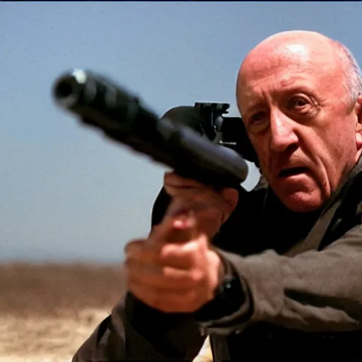 Image similar to Film Still of Mike Ehrmantraut aiming a mounted machine gun, 8k, highly detailed, centered