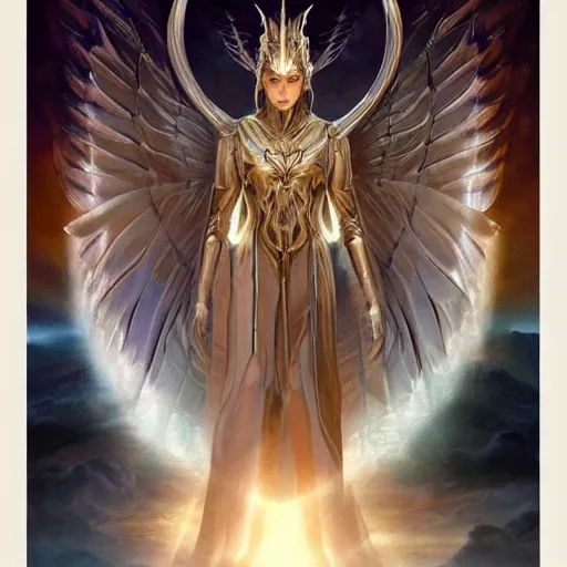 Prompt: beautiful cinematic fantasy poster, sci-fi, semi-transparent, beautiful Archangel with brilliant golden halo and a brilliant alabaster face, brilliant silver filigree, blindfolded eyes eyes, wideshot ultrawide angle epic scale, hybrid from The Elden Ring and art direction by Darius Zawadzki ;by artgerm; wayne reynolds art station; cinematic quality character render; low angle; ultra high quality model; production quality cinema model;
