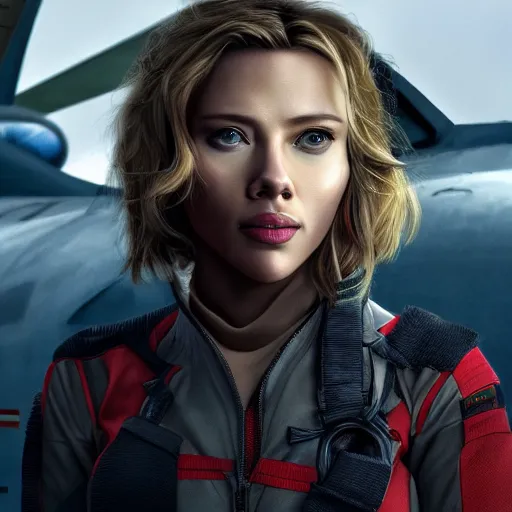 Image similar to a photo of scarlett johanson in fighter aircraft cabin, high detail, trending on artstation