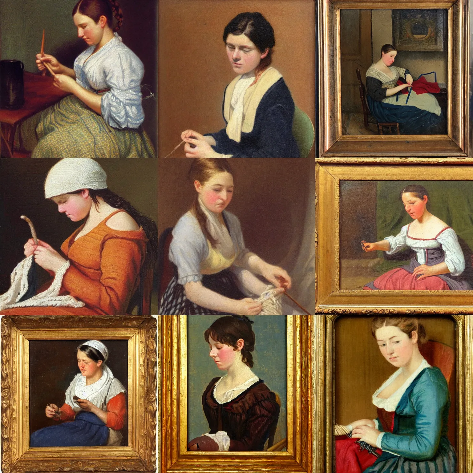 Prompt: young woman knitting, 1800s, oil painting