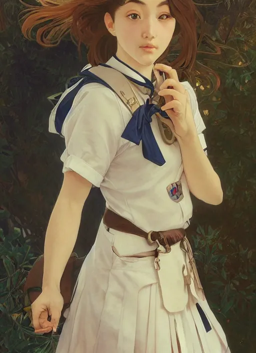 Image similar to Italian Japanese mixed race teen female wearing a navy and white Japanese school uniform, captivating, seductive look, posing in Waikiki, sigma female, portrait art by alphonse mucha and greg rutkowski, highly detailed, digital painting, concept art, illustration, dim lighting with twilight rays of sunlight, trending on artstation, very detailed, smooth, sharp focus, octane render, close up
