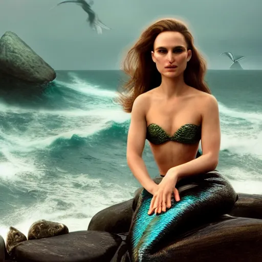 Prompt: Natalie Portman as a beautiful mermaid sitting on a rock in the middle of a stormy ocean, watching the seagulls flying above her, fantasy painting, hyperrealistic, hyperdetailed, depth of field, High definition, 8k, octane render, artstation