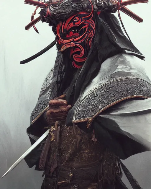 Image similar to samurai with demon mask, dark fantasy, intricate, elegant, highly detailed, digital painting, artstation, concept art, smooth, sharp focus, illustration, artstation, cgsociety, art by artgerm and greg rutkowski and alphonse mucha