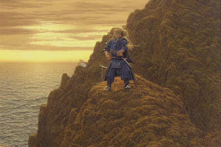 Prompt: a fierce samurai looking into the horizon on a cliff, golden hour, dramatic lighting, fluid, smooth, bright, colours, high contrast, sharpness, very detailed, intricate, by donato giancola, gustave dore and junji ito