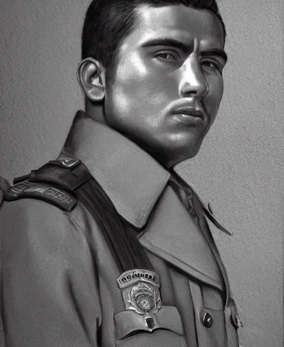 Image similar to portrait of a handsome young mexican policeman in guadalajara, art by denys tsiperko and manuel sanjulian and bogdan rezunenko, hyperrealism