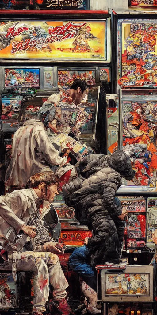 Image similar to oil painting scene from amusement arcade by kim jung gi