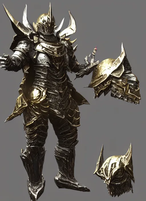 Image similar to a photorealistic 3D render of a full body dark side knight (as an archetypal DnD isekai Demon Lord) wearing armor made of gold and silver, inspired by Dark Souls and Doom Eternal and Fallout, unreal engine, octane render, cinematic lighting, a sense of evil, detailed hard surface boss character concept art, character design, hyper realism, high detail, depth of field, stunning cgsociety, HD, HDR, 4k