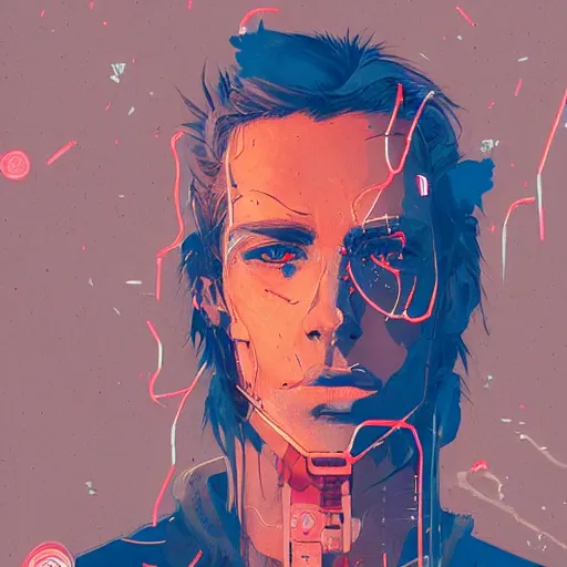 Image similar to a portrait of a male character in a scenic environment by conrad roset, hyperdetailed, cyberpunk, cool, cybernetically enhanced, trending on artstation