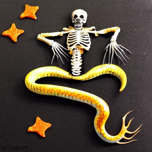 Image similar to stop motion bipedal halloween eel snake skeleton fantasy mermaid with a fish bone body, wearing a magic imbued mage top with gold accent jewelry, inside a handcrafted cardboard dock to look at the hand painted night sky full of glittery star stickers and glow in the dark star stickers over a shredded paper sea, adorable, charming, macro camera lens