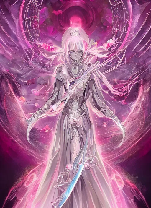 Image similar to close-up of character concept portrait of a Italian Japanese Celestial Goddess as a royal pink wizard conjuring a violent void multiversal spell, a floating iridescent blade sword of chaos from God of War in the center, luxury, high-end, chic, intricate, elegant, digital painting, concept art, smooth, sharp focus, illustration, from Metal Gear, by Ruan Jia and Mandy Jurgens and William-Adolphe Bouguereau, Artgerm