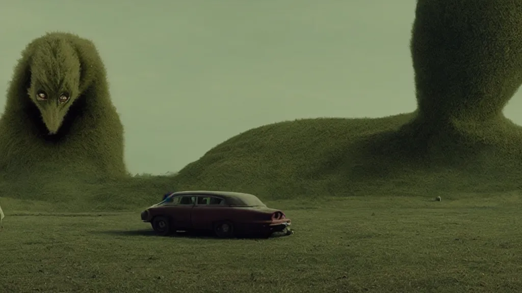 Image similar to the strange creature waits by the car, made of Chlorophyll and blood, film still from the movie directed by Denis Villeneuve with art direction by Salvador Dalí, wide lens