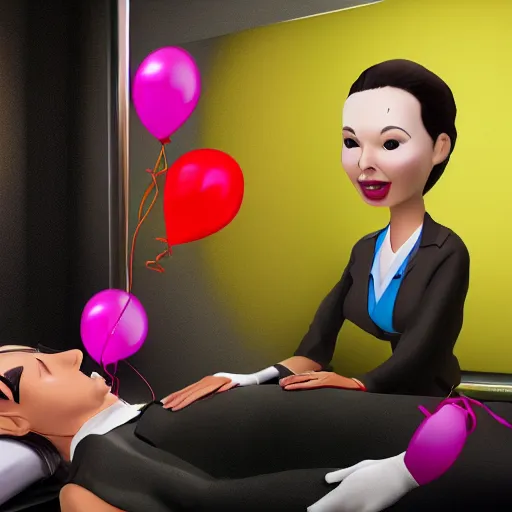 Prompt: evil doctor surgeon in hyperrealistic detailed style in a brightly lit room operating on a female patient and balloons are coming out of her abdomen
