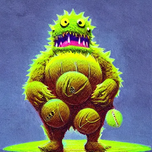 Prompt: a tennis ball monster, tennis ball, dark, chalky, godzilla, digital art, fantasy, magic, trending on artstation, ultra detailed, professional illustration by Basil Gogos