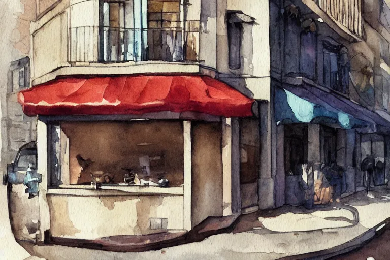 Prompt: a coffee shop watercolor by santiago fuentes trending on artstation