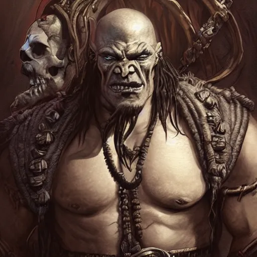 Image similar to portrait of a hulking herculean orc demon pirate rogue thief, male, masculine, upper body, belt of skulls, fantasy, frown,, intricate, elegant, highly detailed, digital painting, artstation, concept art, matte, sharp focus, illustration, art by artgerm and greg rutkowski and alphonse mucha