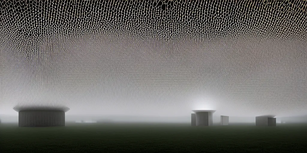 Image similar to white honeycomb organic illuminated building with warm illumination inside by kendall buster sits on the field evening atmosphere in low fog, 4 k, insanely quality, highly detailed, film still from the movie directed by denis villeneuve with art direction by zdzisław beksinski, telephoto lens, shallow depth of field