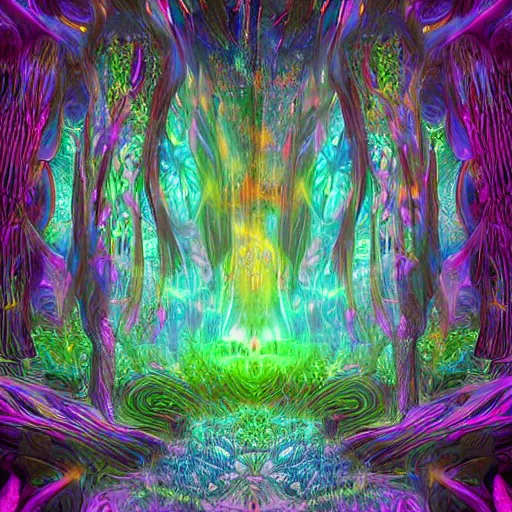Prompt: psychedelic forest with large mushrooms and nebula sky, shamans, digital art, mystical