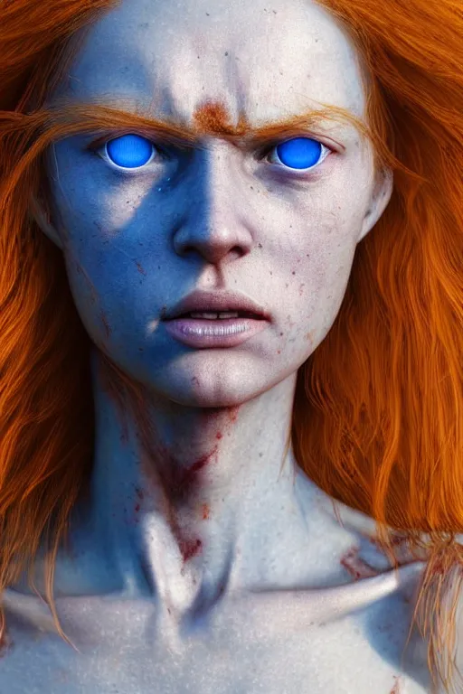 Image similar to outer body projection of beautiful woman, blue eyes, angry look, messy ginger hair, 4 k, cinematic lighting, hdr, highly detailed, ultra fine detail, photoreal, sharp focus, art by zdislav beksinski, rendered in octane, raytraced