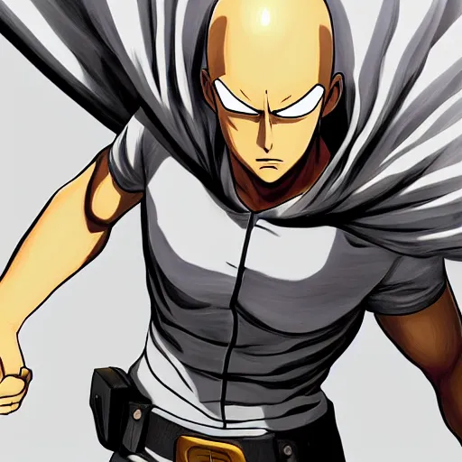 Prompt: handsome saitama, half body shot, path traced, fight scene, highly detailed, high quality, digital painting