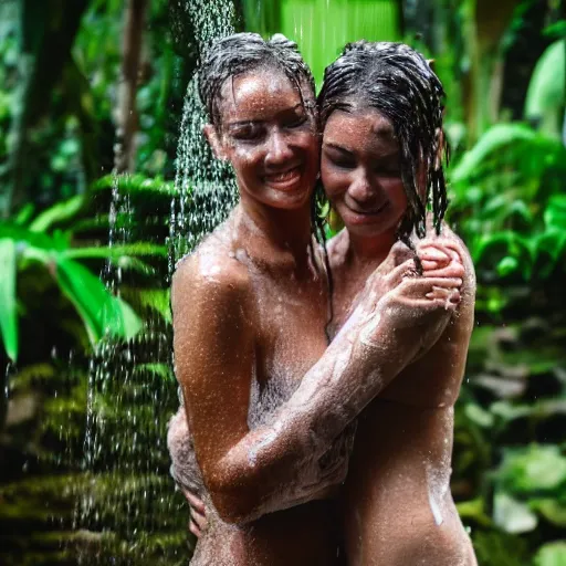 Image similar to 4 k hdr polaroid two model women hugging showering in a bali tropical jungle shower with moody overcast lighting