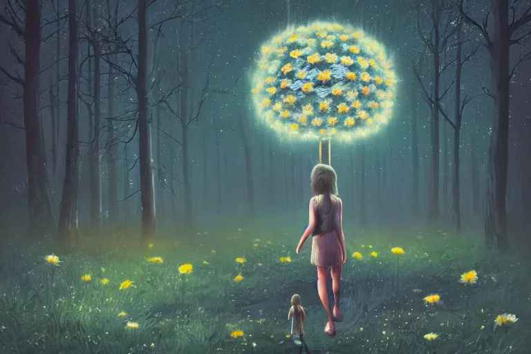 Image similar to giant daisy flowers head, girl walking in dark forest, surreal photography, dark night, stars, moon light, impressionist painting, clouds, digital painting, artstation, simon stalenhag