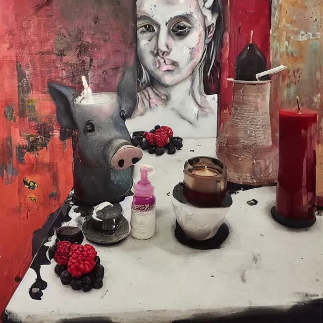 Image similar to “ a portrait in a female art student ’ s apartment, sensual, a pig theme, pork, pottery supplies, sculpture work in progress, a candle dripping white wax, pottery glaze, squashed berries, berry juice drips, acrylic and spray paint and oilstick on canvas, surrealism, neoexpressionism ”