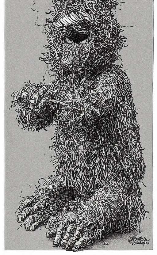 Image similar to an illustration of a fraggle, full body, standing in rectangular border, pen-and-ink illustration, etching, by Russ Nicholson, DAvid A Trampier, larry elmore, 1981, HQ scan, intricate details