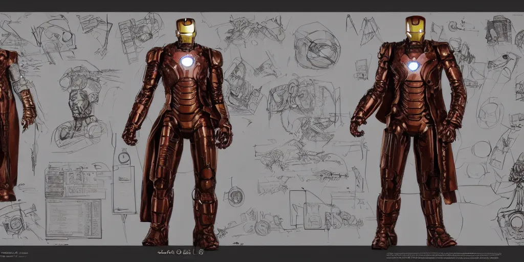 Image similar to steampunk iron man, character sheet, concept design, contrast, hot toys, kim jung gi, greg rutkowski, zabrocki, karlkka, jayison devadas, trending on artstation, 8 k, ultra wide angle, pincushion lens effect