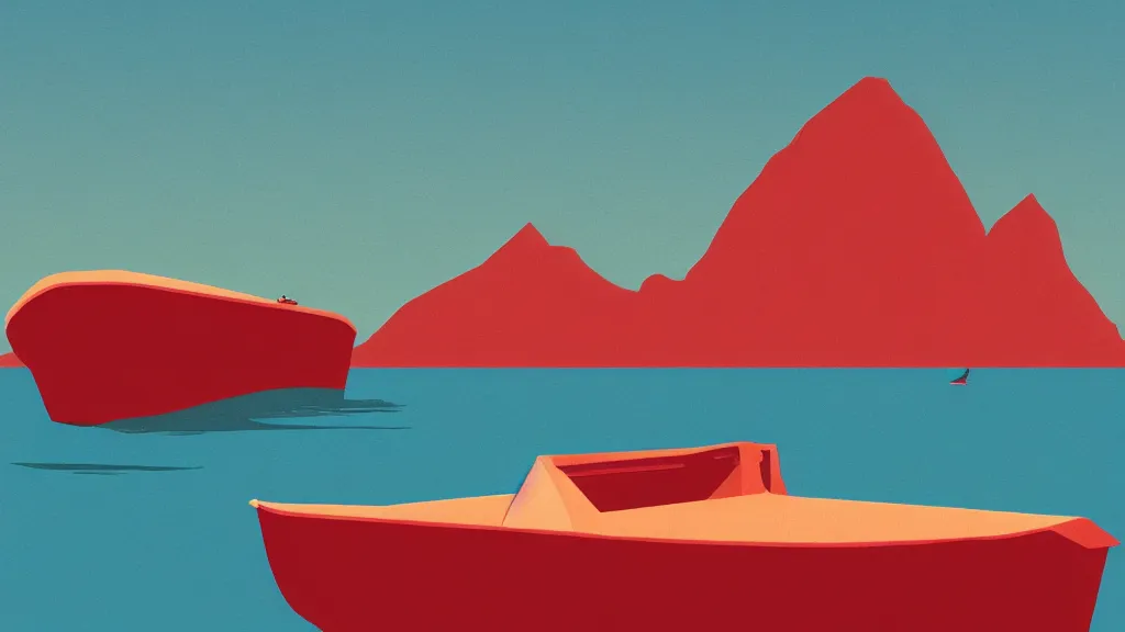 Image similar to a red boat floating on top of a body of water, a screenprint by Tom Whalen, behance contest winner, australian tonalism, matte drawing, outrun, low poly