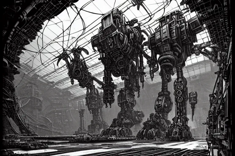 Image similar to dieselpunk mechs that look like Dragonfly, inside an gigantic underground concrete doom hangar, interior structure, drains, storm drains, jungle, vines, algea, cables, panels, walls, ceiling, floor, doors, brutalist architecture, intricate ink drawing, highly detailed in the style of Ashley Wood, moebius and Tsutomu Nihei, photorealistic, cinematic, intricate detail, well lit,