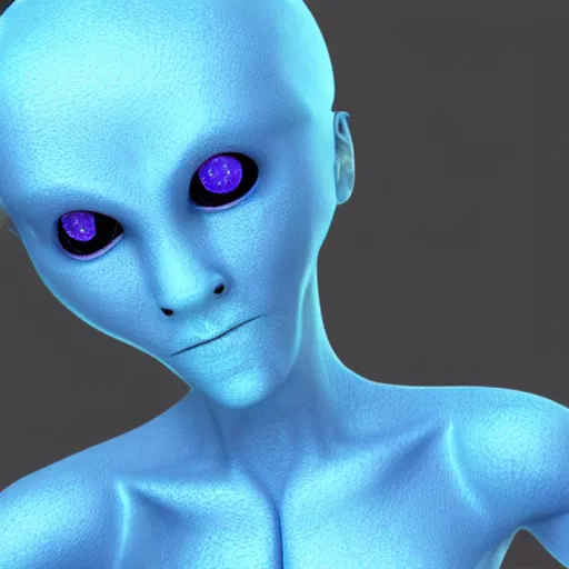 Image similar to a female humanoid alien with blue skin and large black eyes with a short side cut