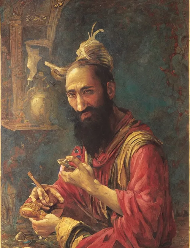 Image similar to orientalist painting of disheveled sunken - eyed sorcerer painter