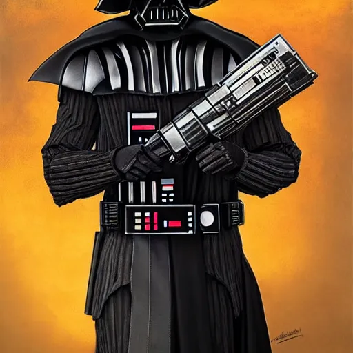 Image similar to hyperrealistic portrait of gothic cyberpunk darth vader holding a golden ak 4 7, 4 k, highly detailed, beautifully rendered