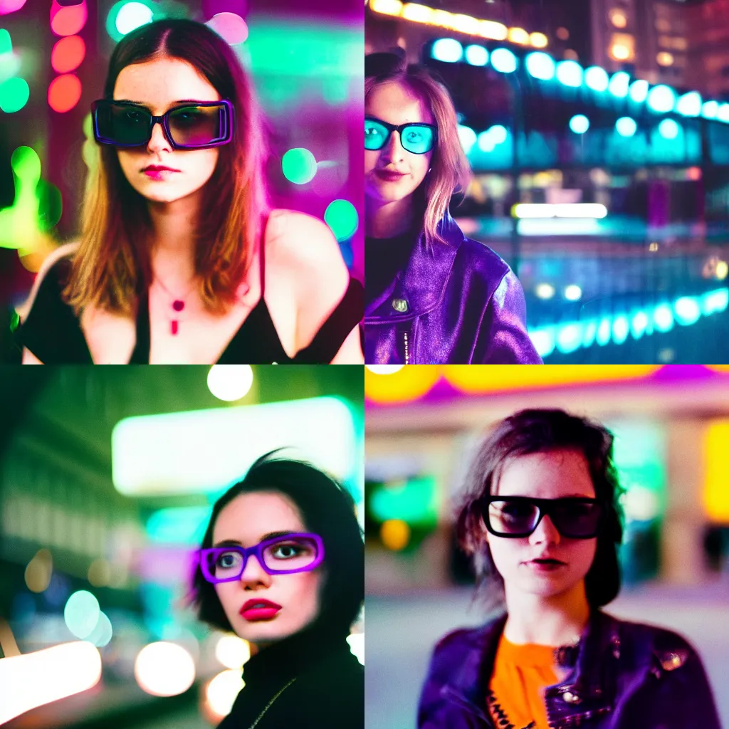 Prompt: A portrait photography of a woman wearing reflective black glasses. In the background there is a purple neon sign that says GIRLS. Neo noir style. High quality. Cinematic. Extreme Swirly bokeh. Cinestill 800T film. Depth of field. Lens flare. Detailed.