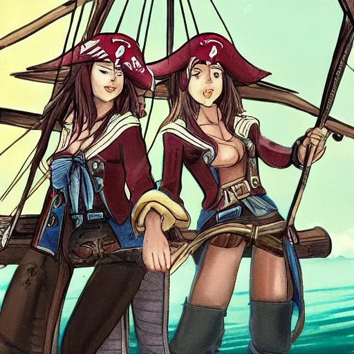 Prompt: two beautiful female pirate captains in a stand off from their boats, detailed anime art