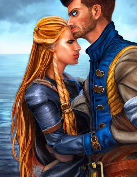 Image similar to couple in love. fully clothed armed female pirate captain, rachel wall, with a male pirate partner, sun, summer, blue eyes, beauty, wisdom, love, strength, knowledge, smart, portrait, symmetrical, highly detailed, digital painting, artstation, smooth, sharp focus, illustration, strength, latino art. 8 k