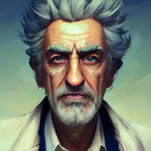 Image similar to Rick Sanchez, portrait, highly detailed, digital painting, artstation, concept art, sharp focus, illustration, art by artgerm and greg rutkowski and alphonse mucha