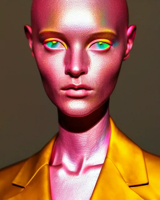 Image similar to hyperrealist highly intricate post-modern portrait pink pearlescent exoskeleton beautiful goddess concept art pascal blanche key sage dramatic yellow lighting 8k high angle shallow depth of field