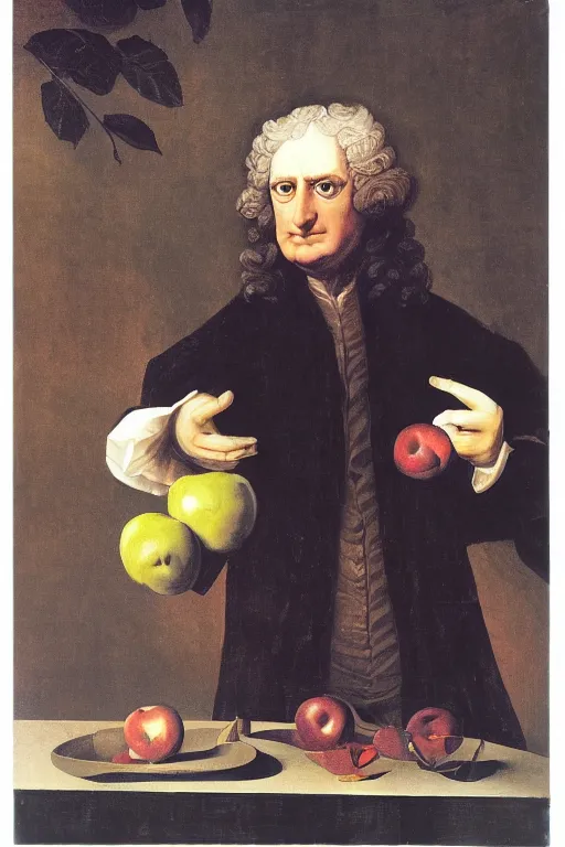 Image similar to isaac newton holding an apple, collage