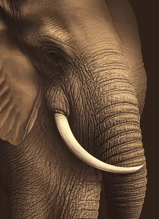 Image similar to portrait of an elephant with translucent skin, visible muscles and veins and arteries and bones and spines and nerves, beautiful detailed intricate insanely detailed octane render, 8k artistic photography, photorealistic, chiaroscuro, by David Cronenberg, Raphael, Caravaggio